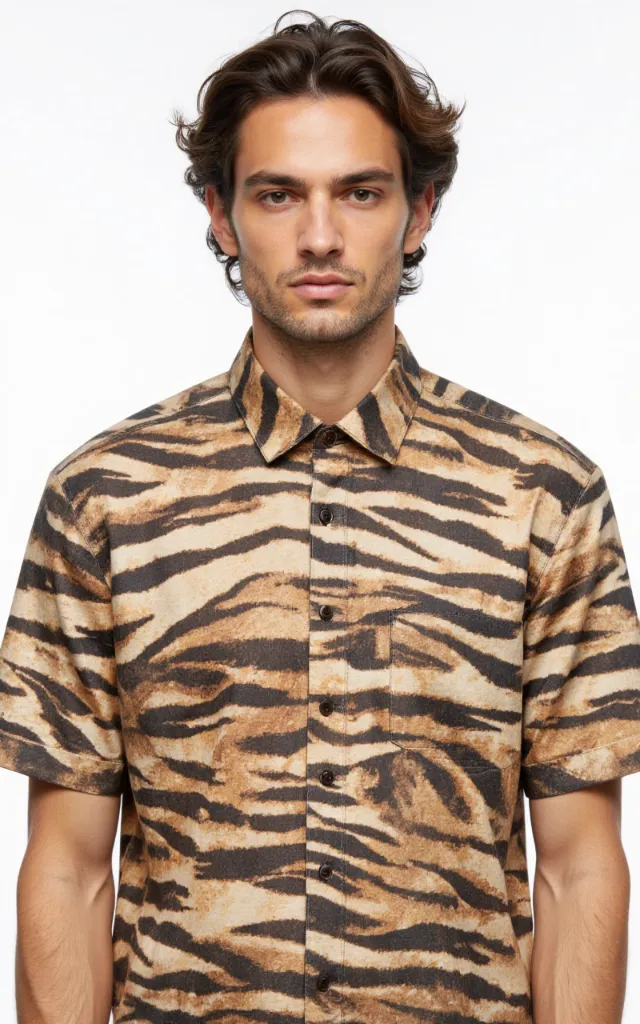 A French model wearing a Tiger print pattern   printed shirt, against a white background, in a front   facing bust portrait